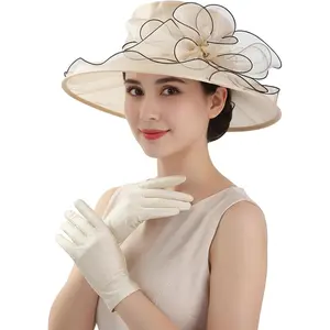 Women Organza Derby Hat with Gloves, Wide Brim Church Tea Party Fascinator Hats for Funeral Wedding Bridal Shower2026