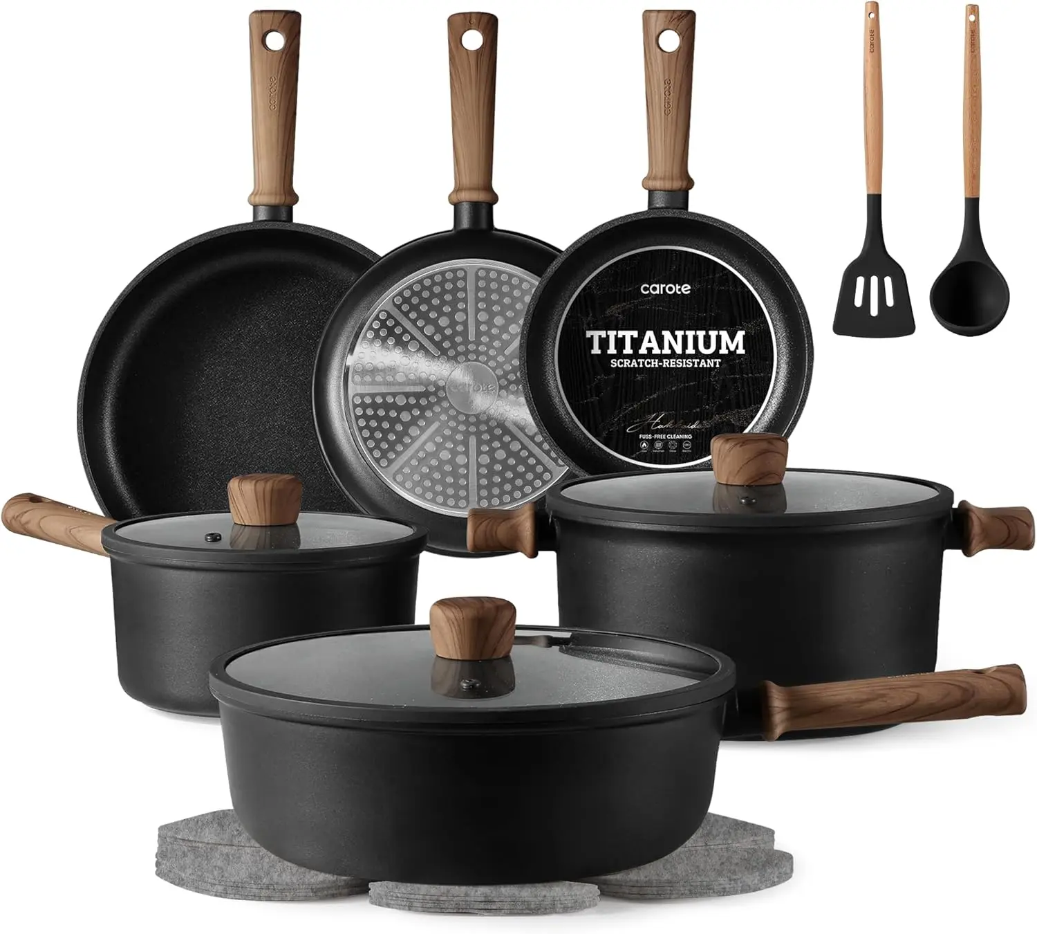 CAROTE 16-Piece Nonstick Cookware Set with Pots, Frying Pans, Titanium-Reinforced Scratch-Resistant Coating, Easy to Clean, Even Heating, Induction Compatible Aluminium Construction, Lids Included, Lid