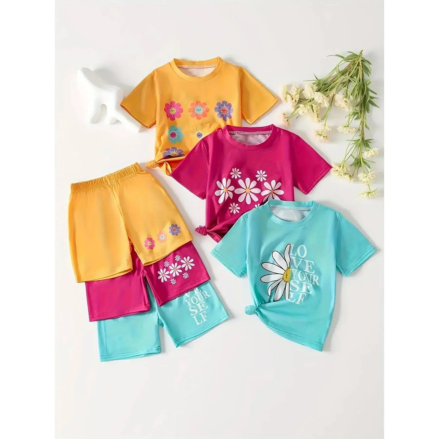 #SummerVibes 3-piece Scbebe Girls' 2-Piece Summer Short Set, Silky Soft Milk-Silk T-Shirt & Daisy Flower Print Shorts, Moisture-Wicking Premium Outfit for Toddler Girls
