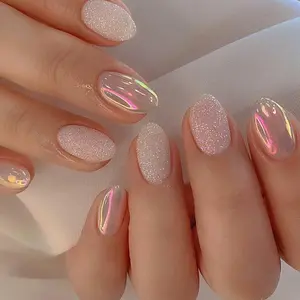 Glitter C Press on Nails, 24pcs/set Short Oval Fake Nails for Women & Girls DIY Nail Art, Effortless Press on Nails Set, Glitter Decorative Nails, Glittering Fake Nails
