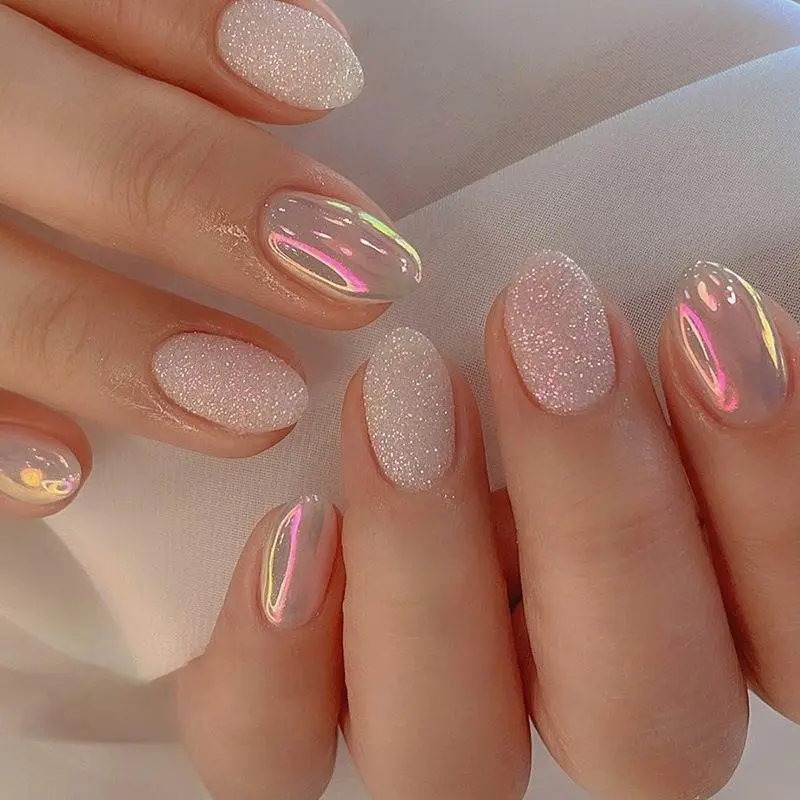 Glitter C Press on Nails, 24pcs/set Short Oval Fake Nails for Women & Girls DIY Nail Art Products, Nail Design, Effortless Press on Nails Set, Glitter Decorative Nails, Glittering Fake Nails, Nails Press Ons