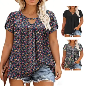 Women’s Plus Size Summer Tops Chic Keyhole V-Neck Blouses Cozy Petal Sleeve Flowy Pleated Shortsleeve Tunic T-Shirts XL–5XL VPS0146