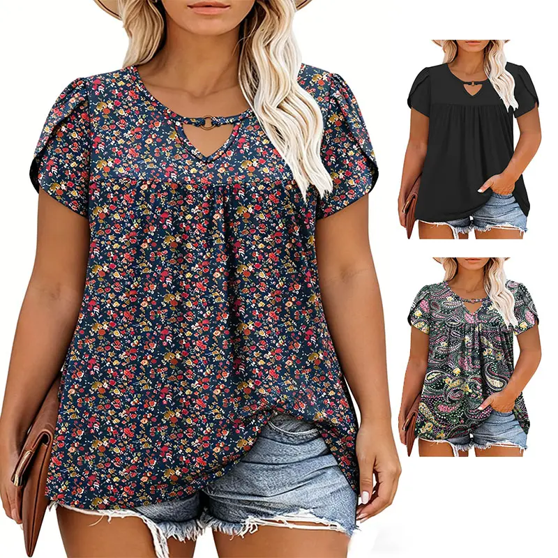Women’s Plus Size Summer Tops Chic Keyhole V-Neck Blouses Cozy Petal Sleeve Flowy Pleated Shortsleeve Tunic T-Shirts XL–5XL VPS0146 big arm friendly