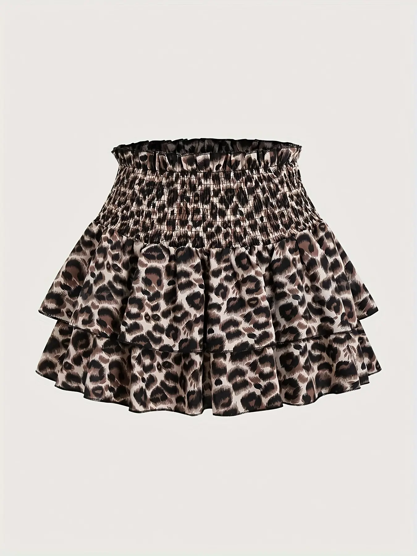 Leopard Print Double Layer Frill Ruffle Hem Pleated Skirt, Stylish Casual Fitted Short Midi Skirt for Women, Perfect for Summer & Fall Fashion, Casual Fashionable Skirt