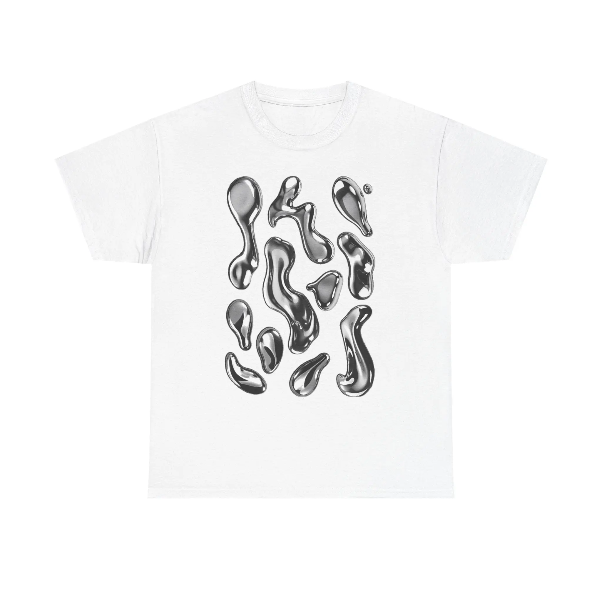 Men's Liquid Chrome Graphic T-Shirt - Futuristic Silver Melt Front Print, Streetwear Tops, Reflective, Chunky Cargo-Inspired Design