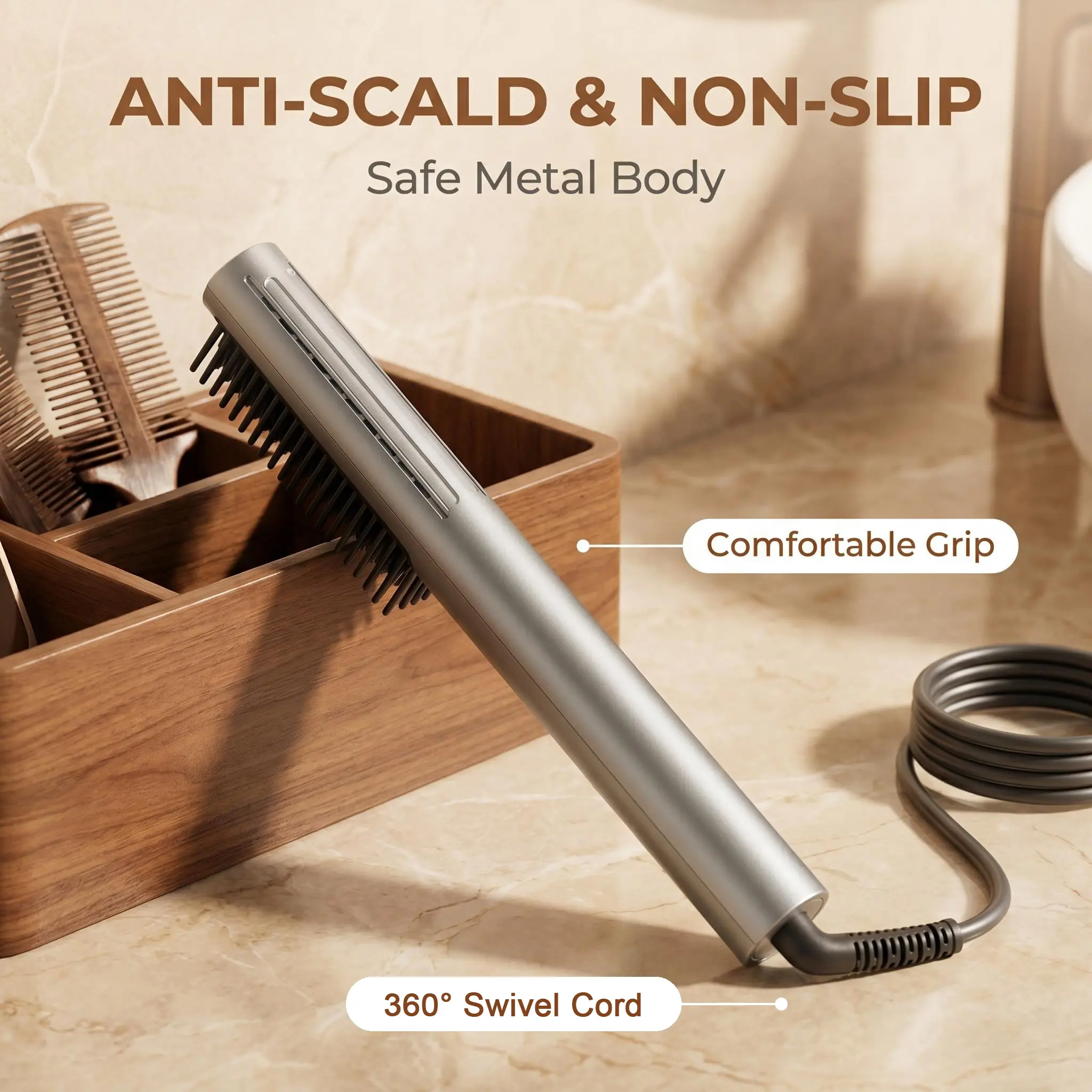 Cool Air Hair Straightener Brush, Ionic Smoothing Comb with Cold Air Technology, Anti-Frizz Hair Styling Tool for Smooth & Shiny Hair