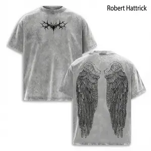 Robert Hattrick T-Shirt Gothic Wing Oversized Graphic Tee, Vintage Washed Darkwear Shirt, Y2K Cyber Grunge Streetwear Top, Harajuku Alt Emo Goth Aesthetic Fashion Gift for Men Women