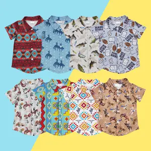 Trendy Boys' Western Print Button-up Short-Sleeve Shirts-Cowboy/Cactus/Aztec | Comfortable For Casual & Vacation