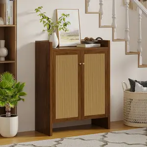 42.5" Tall Rattan Shoe Cabinet with Doors, 6-Tier Shoe Storage Cabinet with Adjustable Shelves, Wooden Freestanding Shoe Organizer Shoe Cabinet for Entryway,Hallway,Living Room (Walnut)