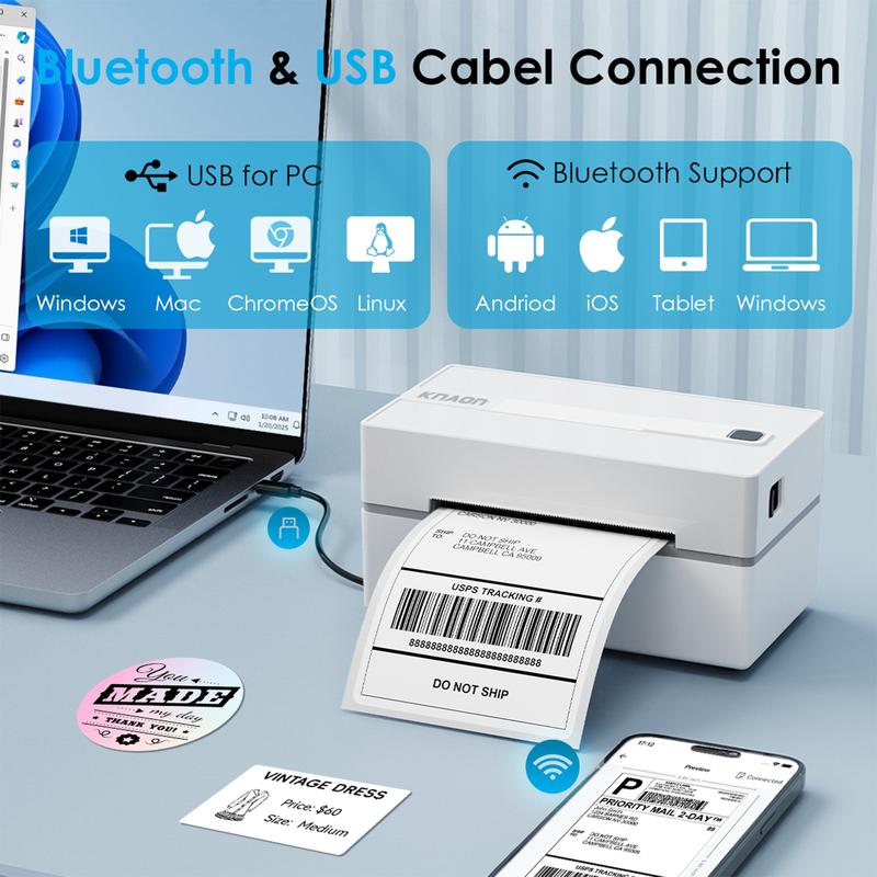 KNAON Thermal Shipping Label Printer BLuetooth Wireless Printer 4x6 for Small Business & Package,Compatible with USPS, Amazon, Shopify, iOS/Android/Windows/Mac
