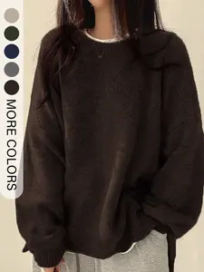 Women's Drop Shoulder Split Hem Loose Fit Baggy Sweater, Casual Minimalist Long Sleeve Round Neck Jumper, Women's Knitwear Top for Fall & Winter, Sweaters for Women Womenswear