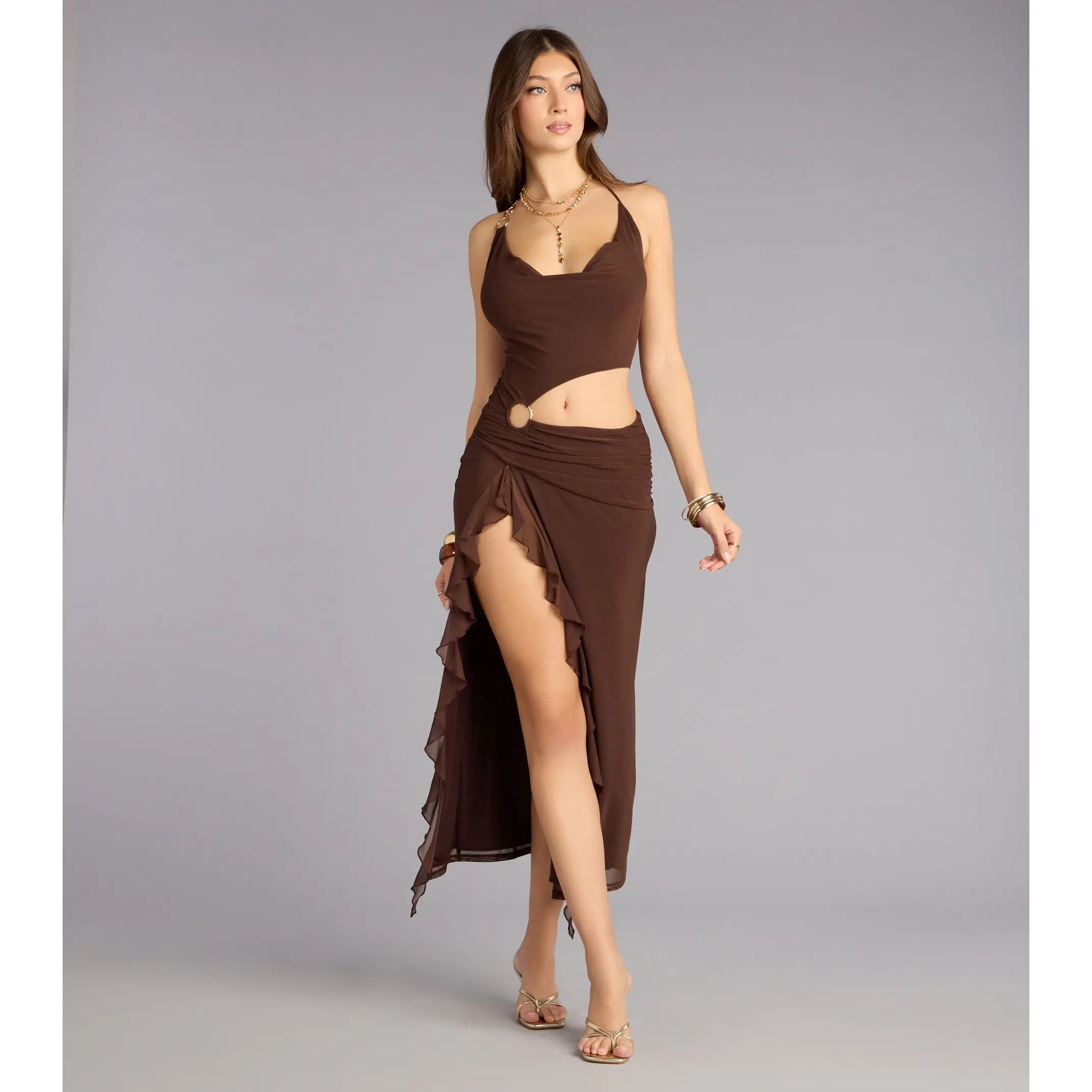 Sultry Motion Mesh Halter Midi Dress