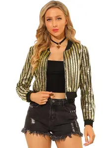 INSPIRE CHIC Sequin Cropped Jacket Shiny Zip Up Sparkly Glitter Bomber Jackets