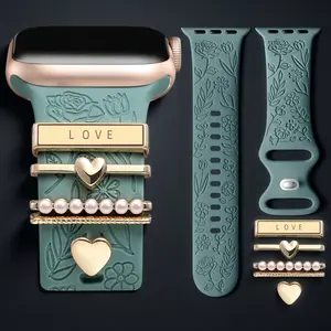 Gold Love Charm Floral Engraved Apple Watch Band 38–42mm – Soft Silicone Dressy Strap with Wildflower Carving & Golden Pendant for iWatch Women