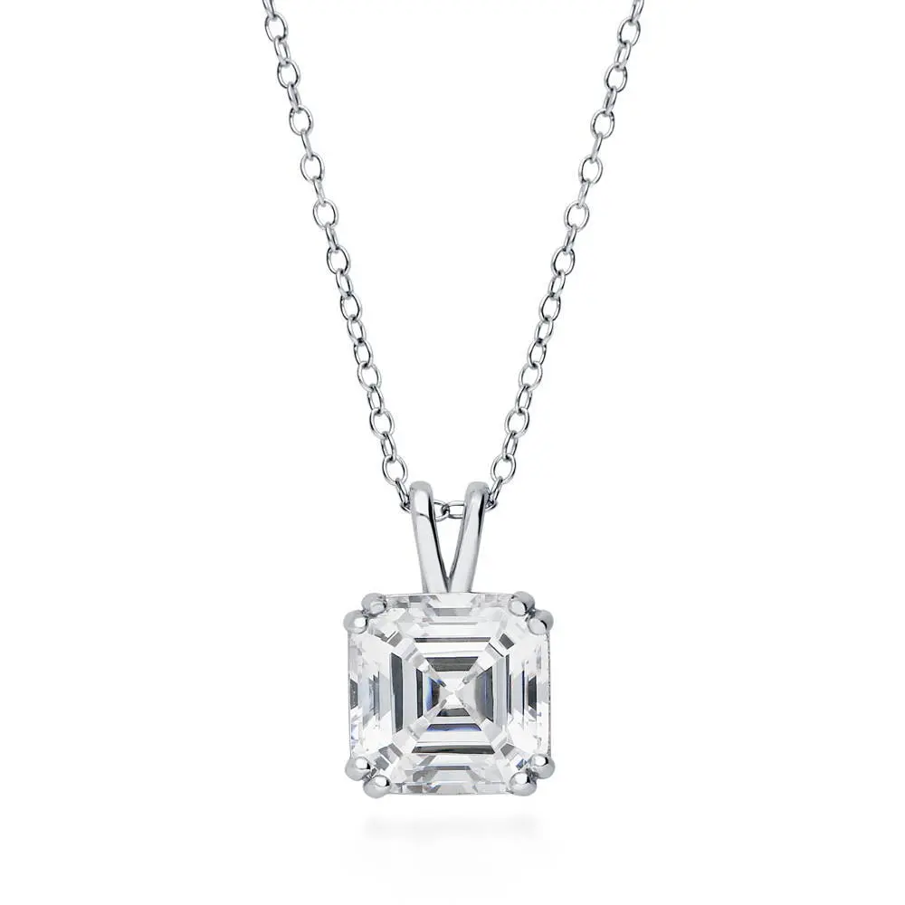 BERRICLE Sterling Silver Solitaire Pendant Necklace for Women, 3 Carat Asscher Cut Cubic Zirconia CZ 18 inch, Yellow Gold Flashed/Rhodium Plated