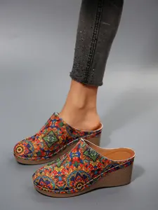 Ethnic Style Wedge Heel Mules, Vintage Fashion Versatile Comfortable Daily Commute Shoes, Textile Upper, Round Toe, Less Than Ankle Height