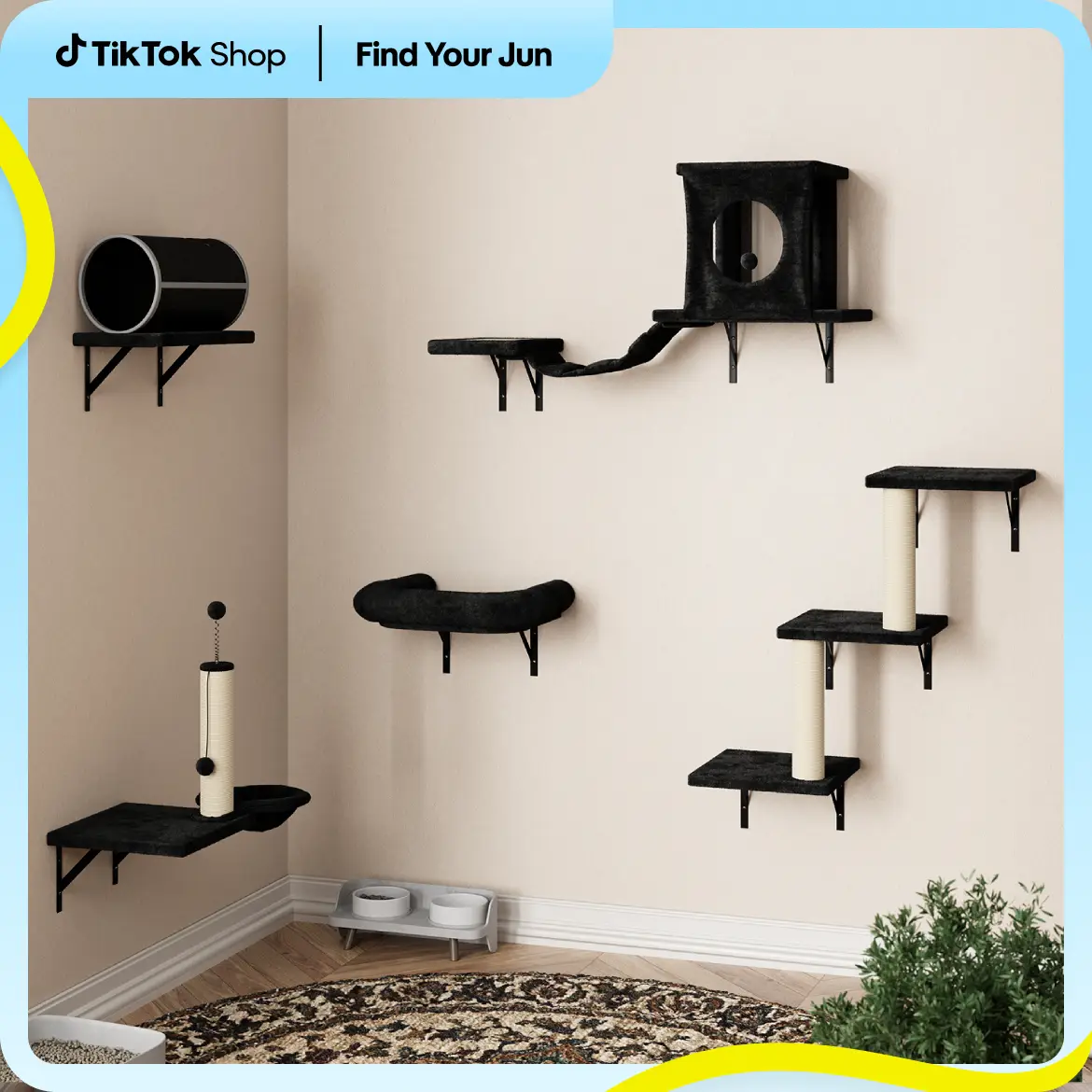 [dealsforyoudays] 7-in-1 Wall Mounted Cat Climber Set with Cat House, Tunnel, Bridge, Tree, Steps, Scratcher Board & Hammock, Indoor Cat Shelves for L