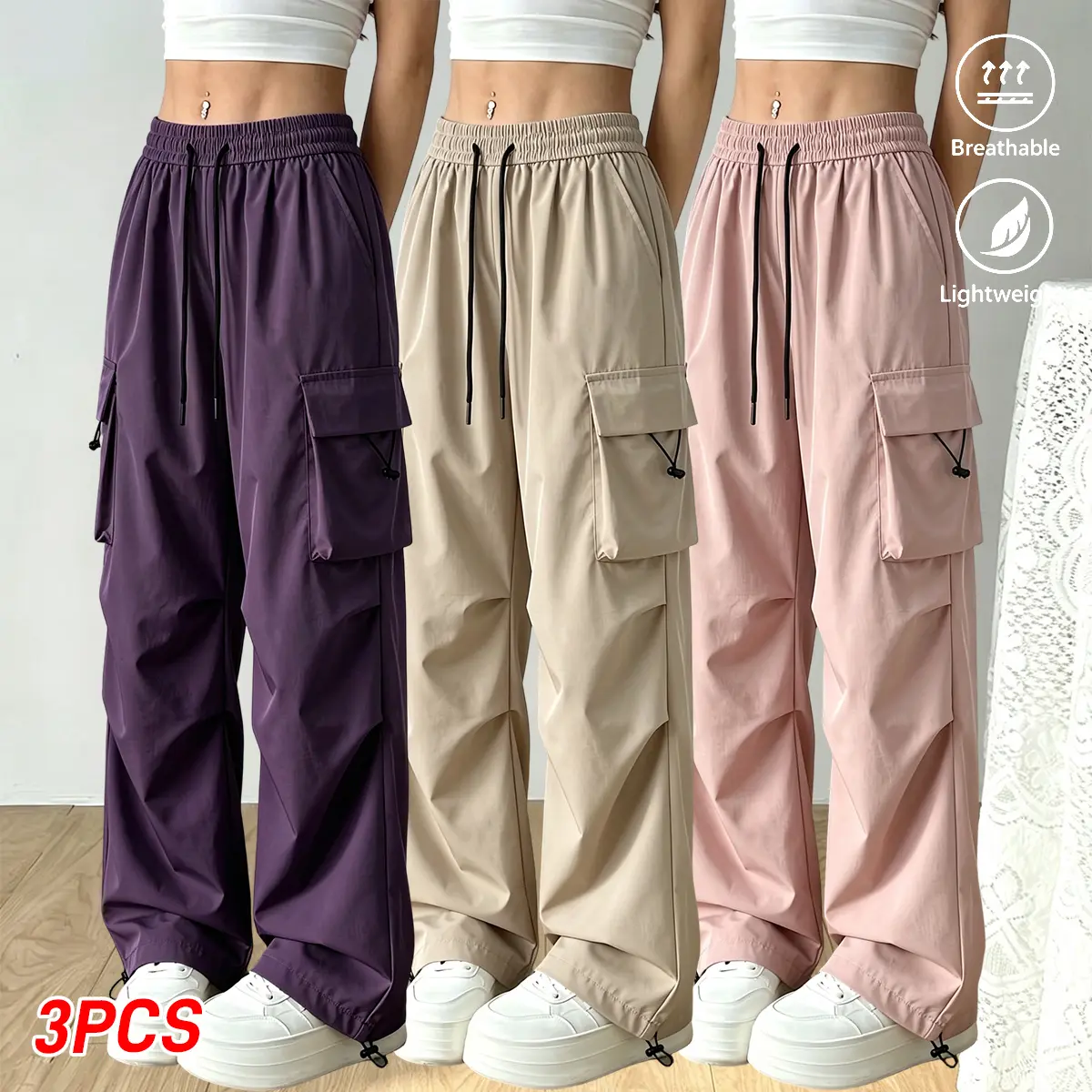 Three-pack women’s long athletic casual pants for spring, summer, and autumn, featuring an elastic waistband and adjustable drawstring, plus storage pockets—suitable for outdoor sports and everyday leisure activities.