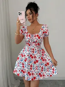 Elegant Floral Bubble Sleeve Mini Dress for Women, New Arrival, Chic, Perfect for Vacation Wear, Waist-Cropped Design, Stylish and Comfortable