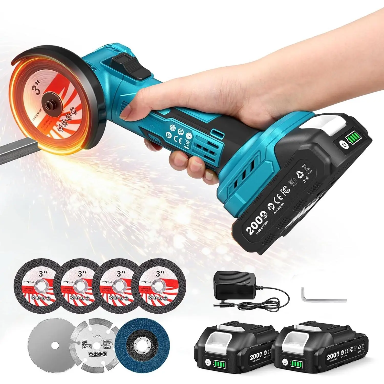 Cordless Mini Angle : 3-Inch Brushless Angle  19000 RPM with 2 count 21V 2.0Ah , 7 count  Discs, 210W Power Electric  Tool for Metal  Polishing Rust Removal