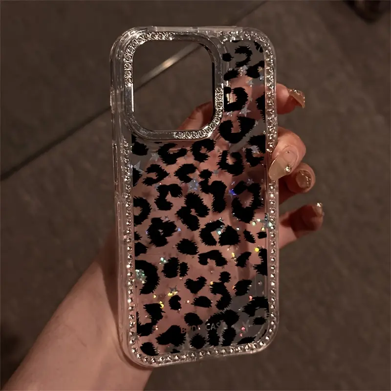 Black Leopard Print Luxury Rhinestone Fashion Phone Case, Transparent  Sparkling Diamond Frame Star Case Anti-drop