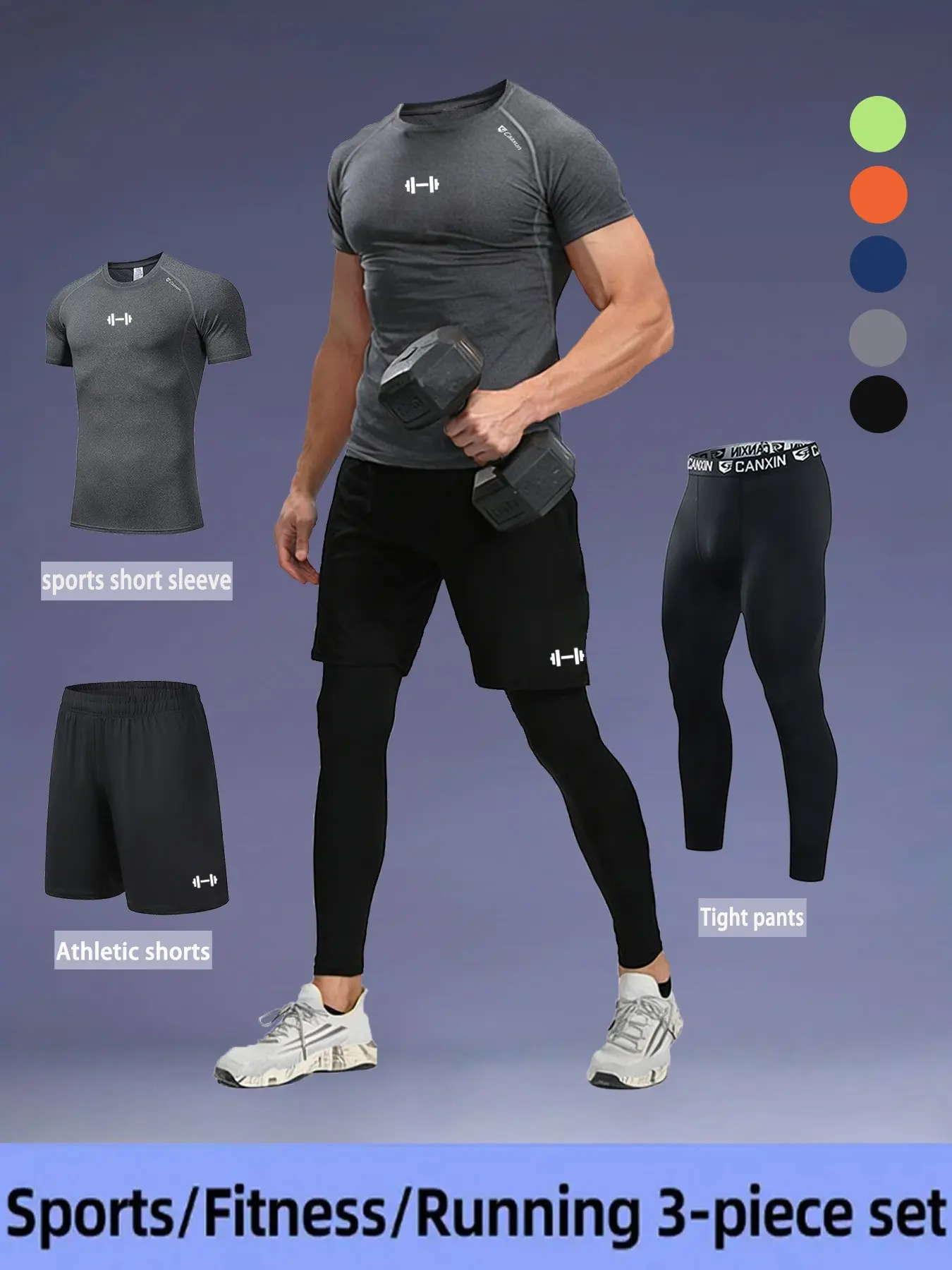 Men's 3-Piece Sports Set, Compressive Breathable Short Sleeve T-Shirt, Loose Shorts, Tight Pants, Gym Training, Running, Hiking, Fitness Outfit