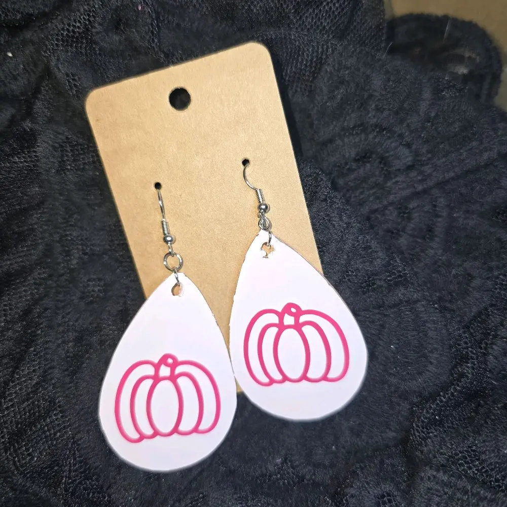Pumpkin Teardrop Earrings - White with Pink Pumpkin Design - Perfect for Halloween and Fall Fashion
