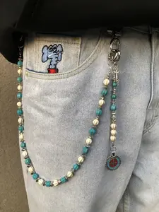 1pc Handmade American-Style Blue-White Cracked Stone Beaded Pants Chain, Rose Cross Keychain, Waist Styling Accessory, Jeans Chain, Bling Chain