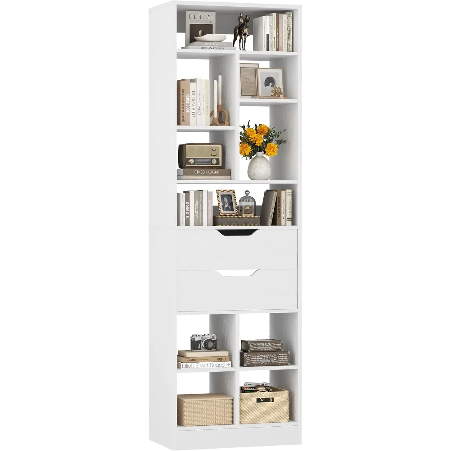 Cyclysio 80" Tall Narrow 9-Tier Freestanding Wooden Bookshelf - 2 Drawers, Open Display Shelf, Home Furniture Storage Cabinet for Books, Room & Home Organization Needs, Room Storage