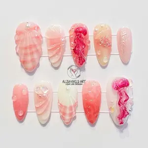 Jelly Ocean Inspired Press On Nails, 3D Beach Theme Fake Nails with Seashells and Starfish, Handmade Press On Nails for Summer Vibes, Gifts.