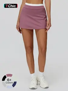 High-Waisted Colorblock Short Skirt, Ribbed Two-Piece Sports Half-Skirt, Anti-See-Through Tennis Skirt, Casual Summer Fashion, Casual Sporty Skort