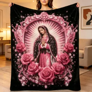 Virgin Mary Rose Pattern Flannel Blanket, Soft Cozy Plush Throw, Lightweight Portable Blanket for Sofa Bed, Warm Christmas Birthday Gift