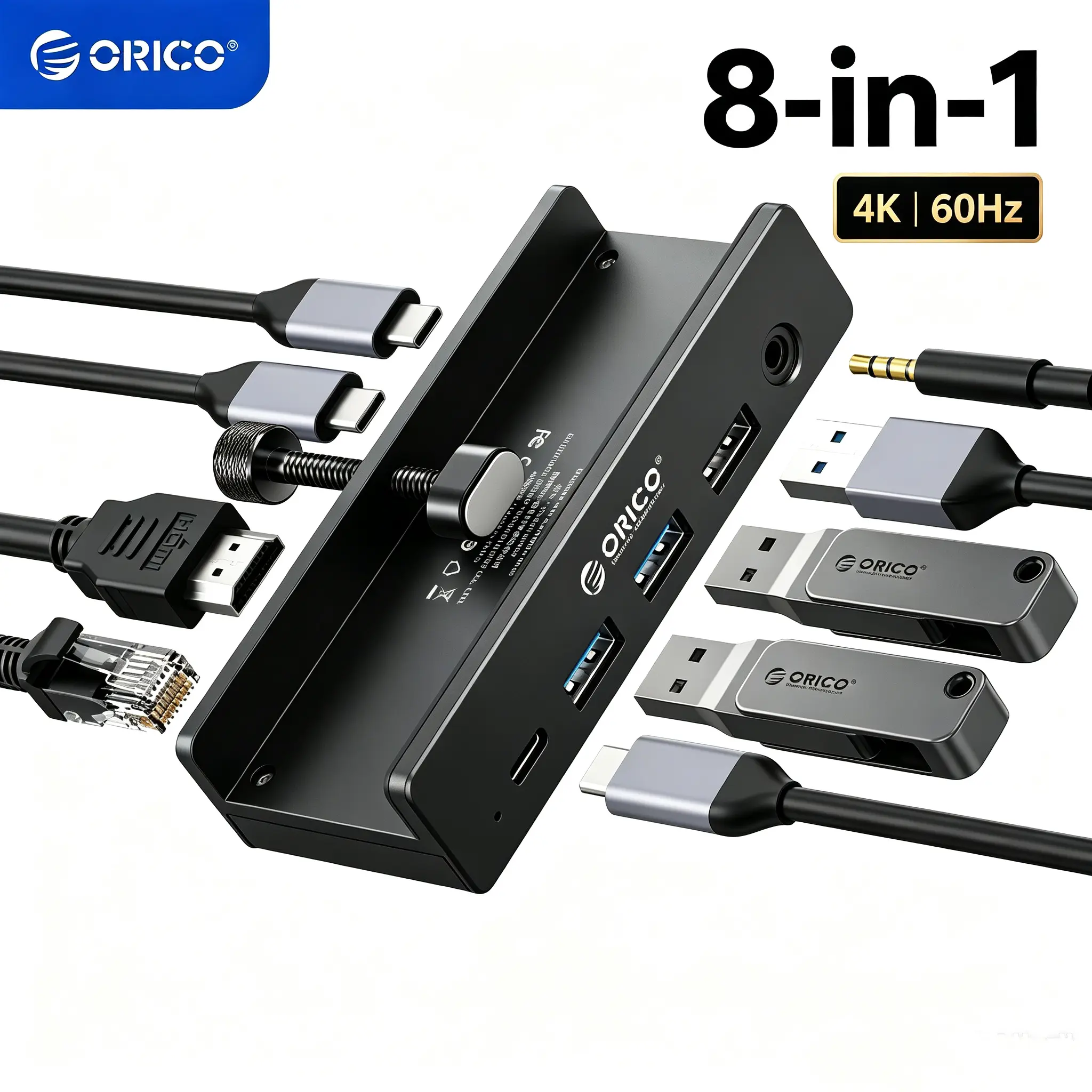 ORICO Clip Docking Station, 8-in-1 Clamp USB C Hub with 4K@60Hz HDMI, 100W PD, Gigabit Ethernet, 4xUSB Port, AUX, 10Gbps Clamp Docking Station for Laptop, MacBook, PC (Adapter Not Included) - MH8P