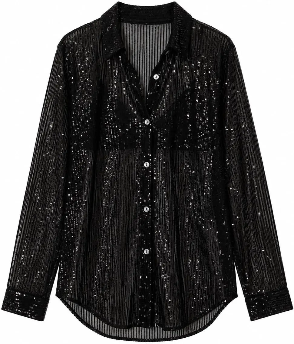 DOLGIEJ Collective Women's Black Sheer Sequin Button Down Shirt