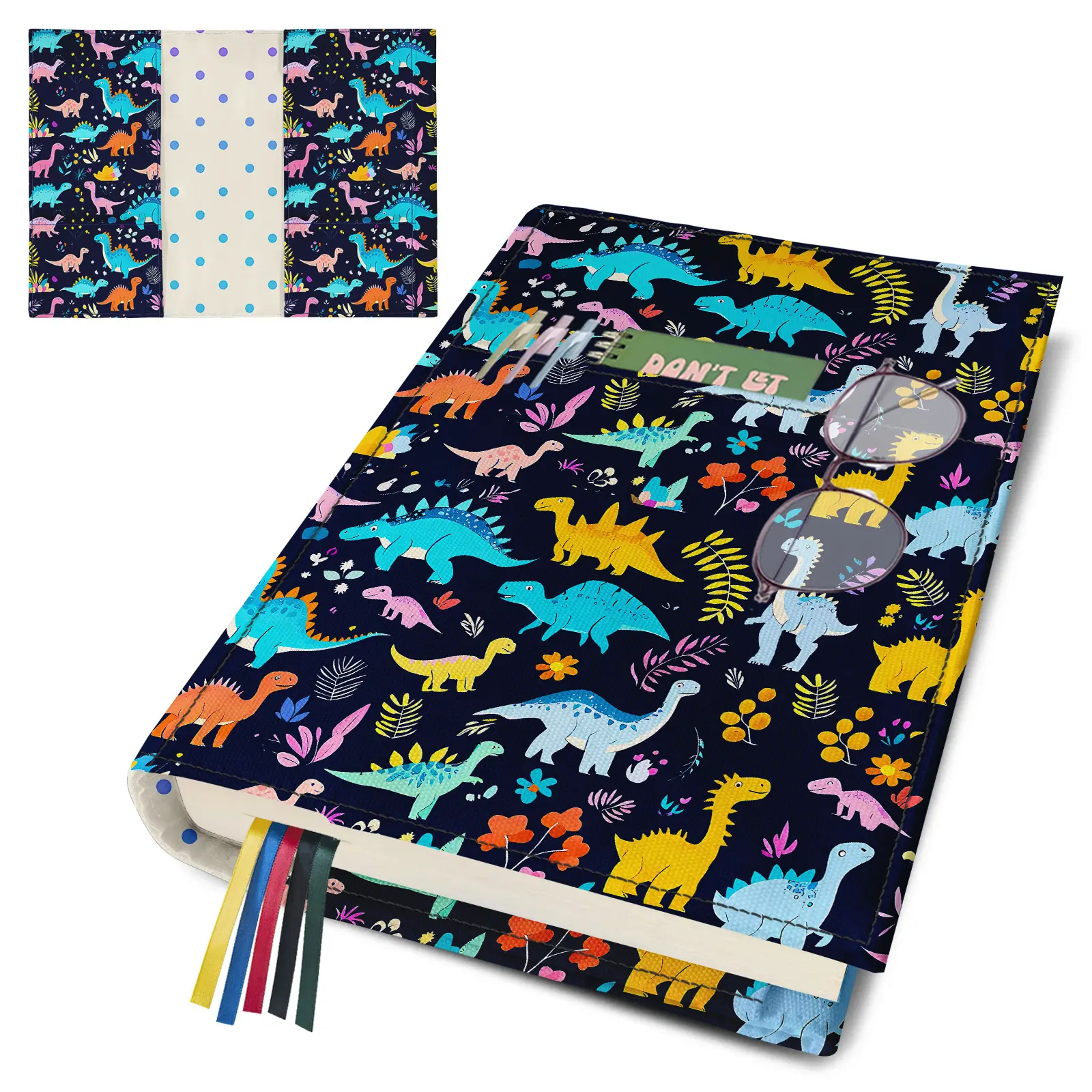 Dinosaur Book Cover Protector for Paperbacks Textbook,Adjustable Waterproof Soft Canvas Fabric Book Cover with Pockets Bookmark,Double Side Print Book Dust Jacket Covers for Hardcover Book Lovers Gift