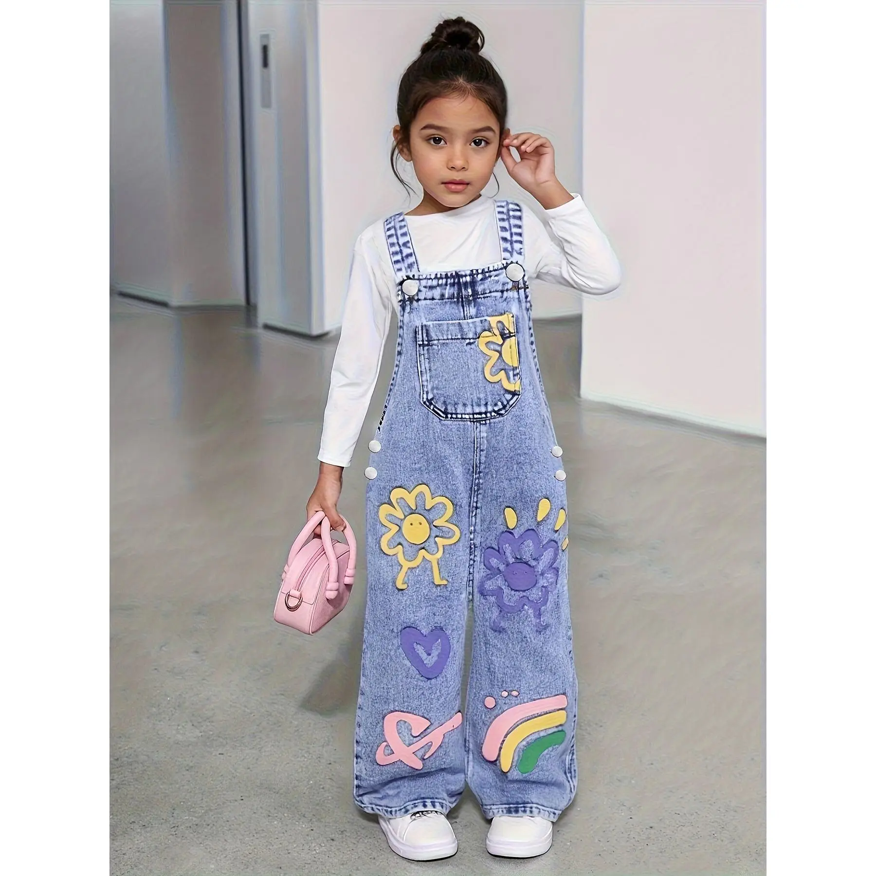 Girls' Y2K Sunflower Print Straight-Leg Loose Faux Overalls with Strap - Casual Workwear Style, Elastic Waist, Pockets, Non-Stretch, Perfect//fall, Casual Attire, Casual Attire | y2k Style | elastic Waistband