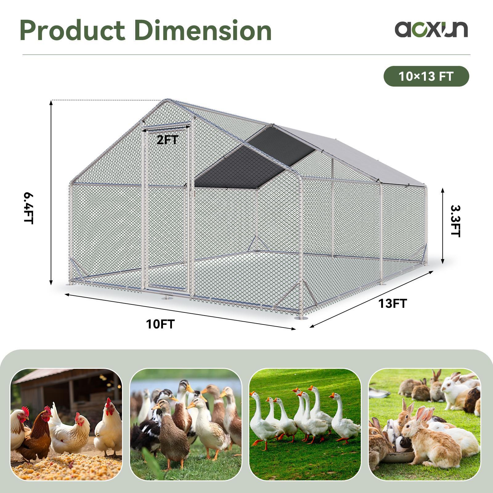 Large Metal Chicken Coop, Outdoor Chicken Runs for Yard with Cover, Spire Roof Hen House Enclosure with Security Lock, Walk-in Cage Peak Hen House for Yard Farm