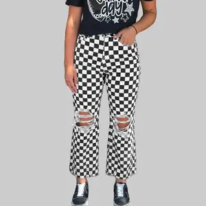 Dear-Lover Women's 98% Cotton 2% Elastane Black Checkerboard Print Ripped Crop Jeans - Distressed Holes, Raw Hem, Retro Style, All-Season Casual Decorated Raw Hem Jeans for Versatile Outfits