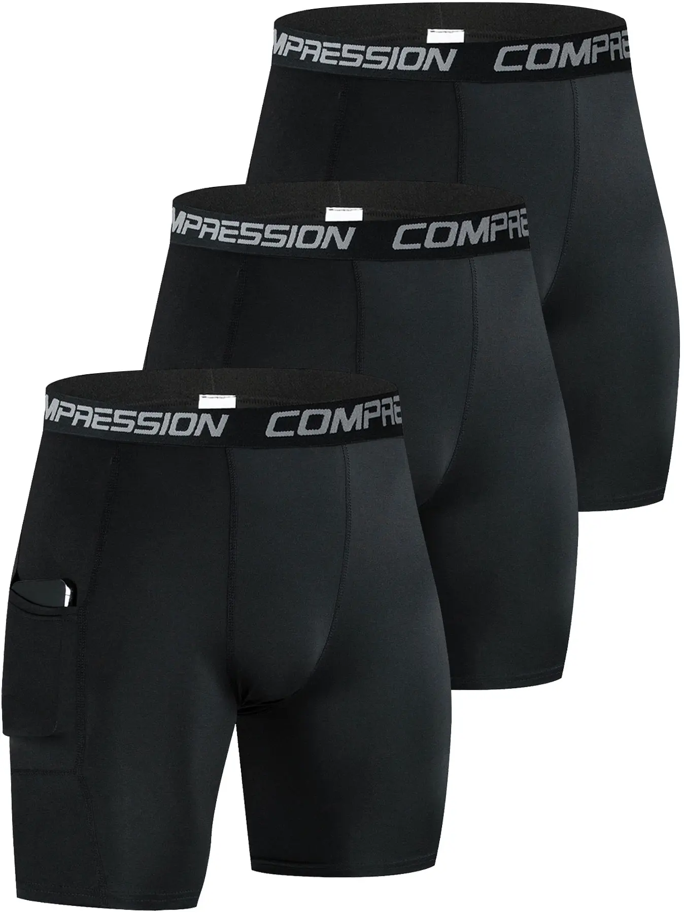 Men's Compression Shorts Set, Quick-Dry Underwear, Stretchy Underwear, Breathable Sports Inner Wear, Phone Pocket Design, 3-Piece Pack, Compression Sportswear