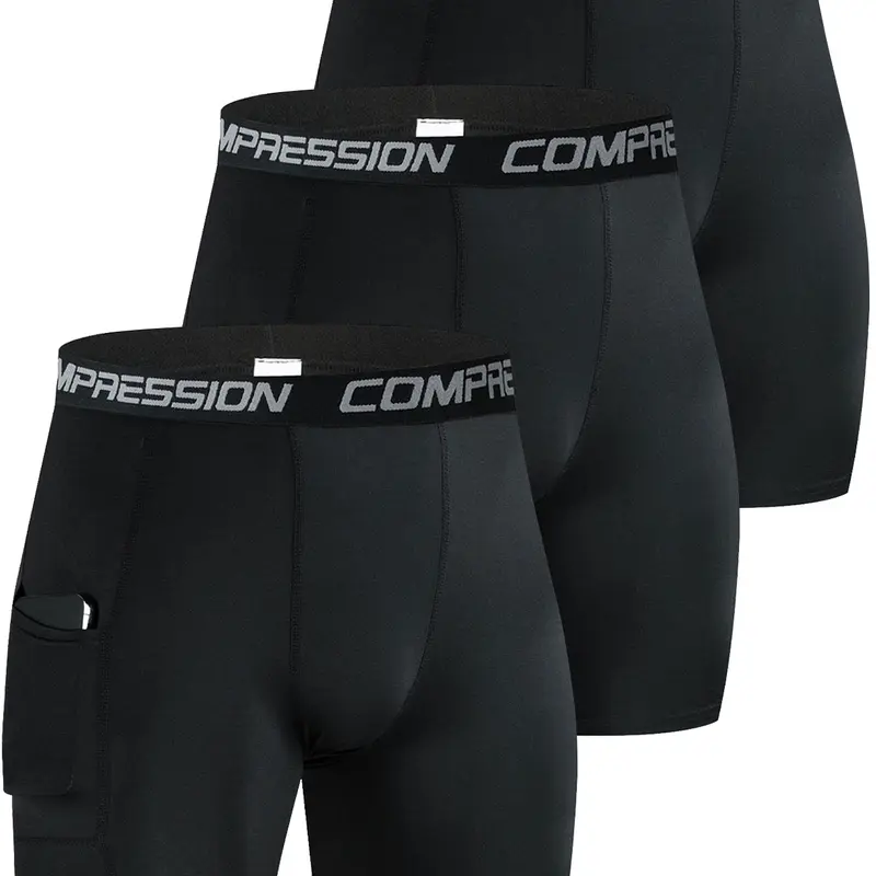 Men's Compression Shorts Set, Quick-Dry Underwear, Fitness Compression Breathable Sports Inner Wear, Phone Pocket Design, 3-Piece Pack, Stretchy Sporty Underwear