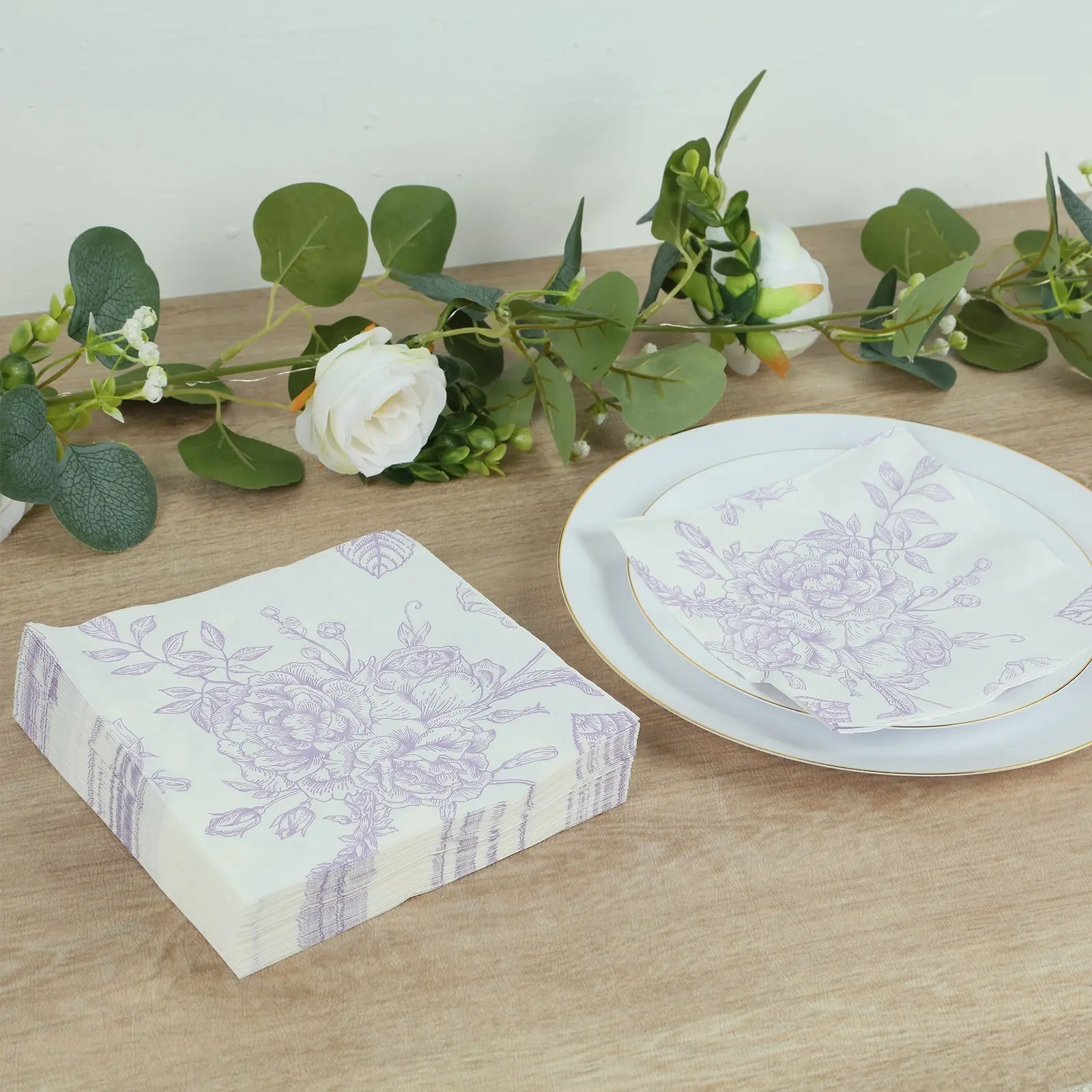 50-Pack 2-Ply Disposable Printed Paper Cocktail Napkins - Matte Lavender and White French Toile Floral Pattern, Highly Absorbent Soft Napkins for Weddings, Parties, Event Planners, Print, Wedding