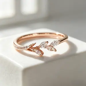 Gold Marquise CZ Leaf Stackable Ring| Dainty Branch Design| Perfect Wedding & Promise Jewelry