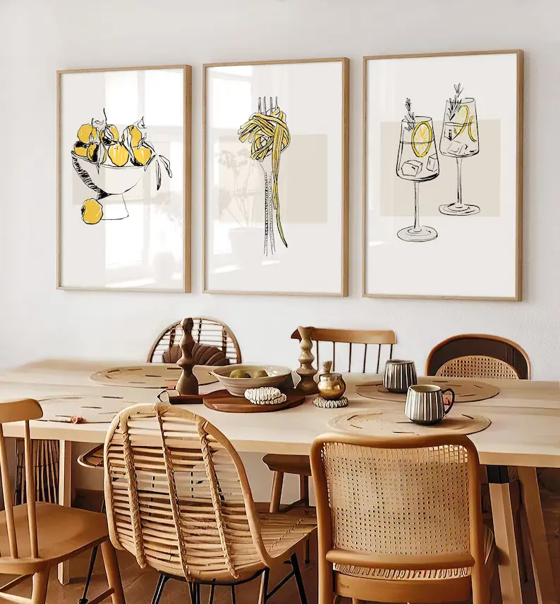 Kitchen Wall Art Prints: Pasta, Cocktails, Lemons - Set of 3 (UNFRAMED)