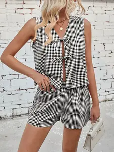 Gingham Print Tie Front Top and Shorts Set