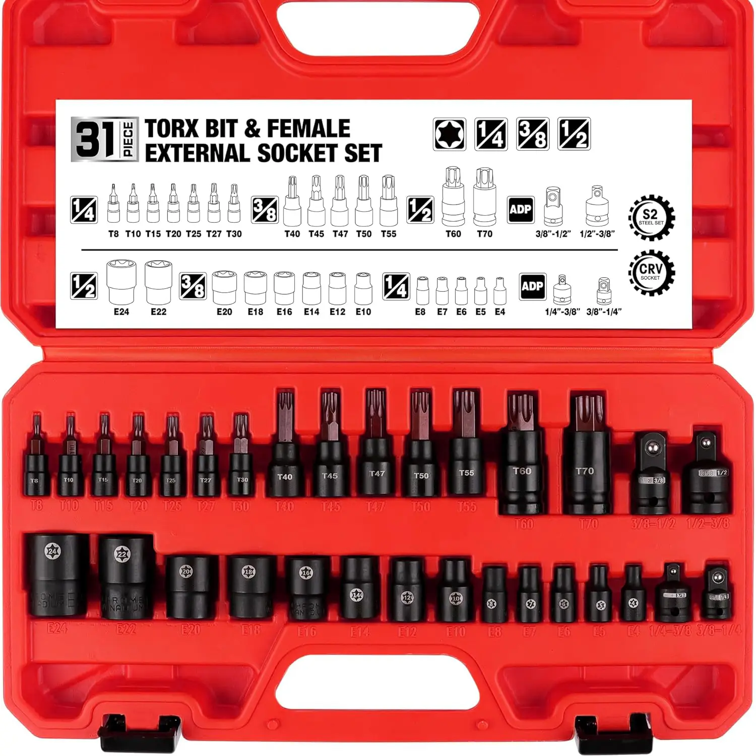 31-piece Torx screwdriver socket and internal-threaded hex socket set, including 14 star-shaped screwdrivers (T8–T70) and 12 internal-threaded E-Torx sockets (E4–E24), plus a 4-piece impact socket adapter set, designed specifically for automotive repair