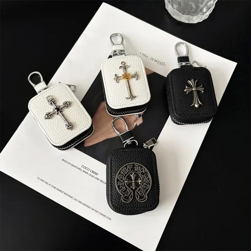 Gothic Cross Litchi Texture Zipper Bluetooth Earphone Case - PU Leather Shockproof Protective Pouch with Buckle, Compatible with Apple AirPods
