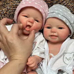 16 Inch Can Open Mouth Full Body Soft Solid Silicone Reborn Boy And Girl Doll With 3D Painted Skin Handmade Waterproof Newborn Doll For Family's Halloween and Christmas Gift With Adorable Bear Outfits and Realistic Details