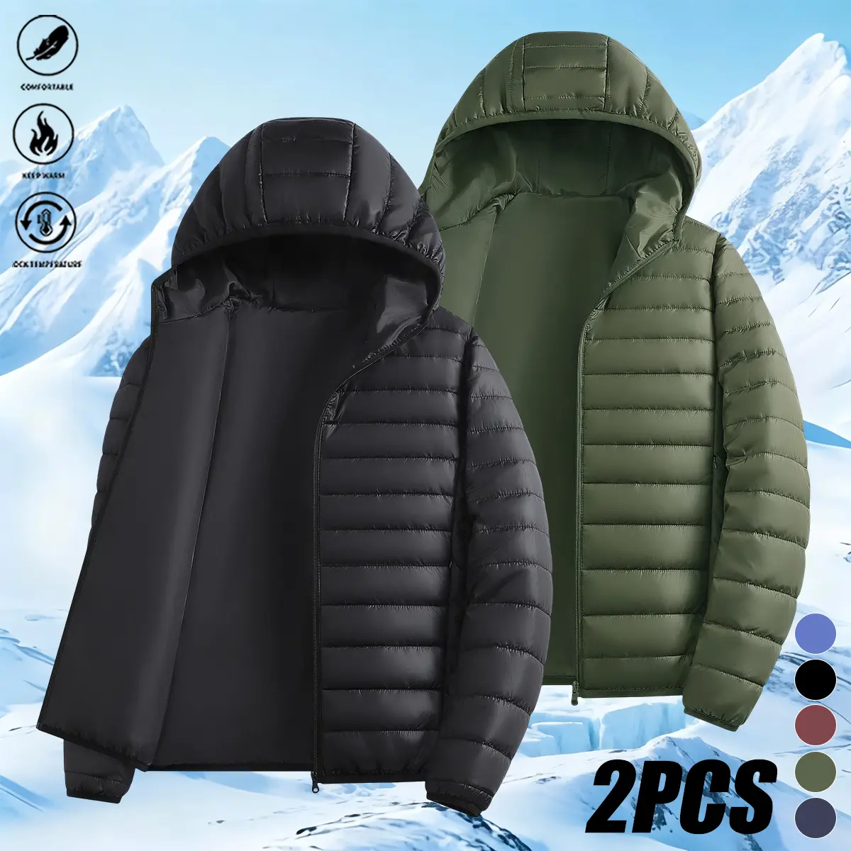 Men’s 2-Pack Fashion Hooded Down Jackets – 100% polyester fiber, warm and comfortable, with a heat-locking design.With hood, topstitching, full zipper closure, side pockets.Perfect for winter, outdoor activities, and a casual style.