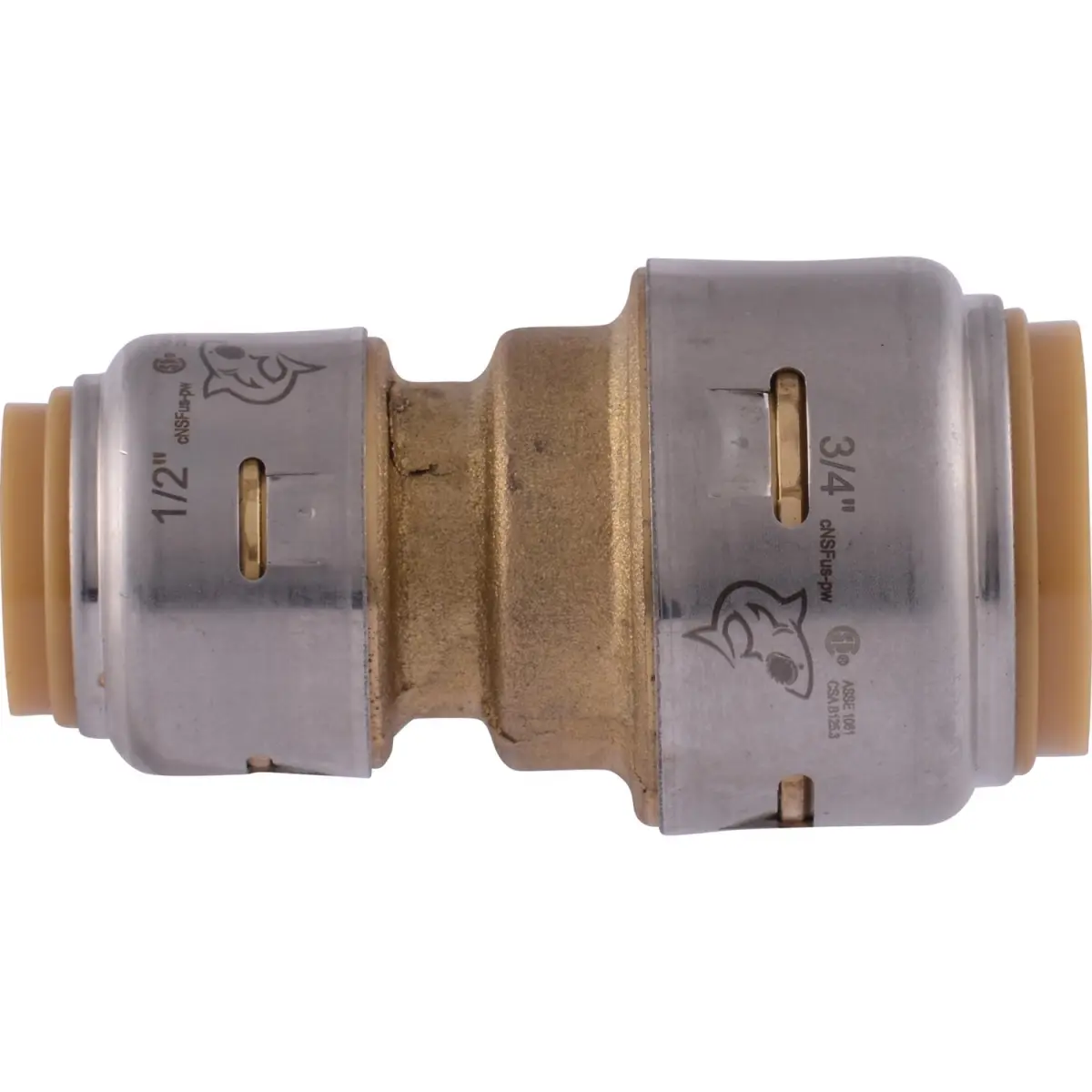 Sharkbite DZR Brass Reducer Coupling (Model 143009) - 0.75 x 0.5 in. Quick Connect Push-Fit Pipe Fitting, Hydronic Water Distribution, 200 psi, Bagged, UPC, Certified Safe, ASSE 1061/NSF61 Certified, Compliant to Federal Law 111-380, Integral Tube Liner