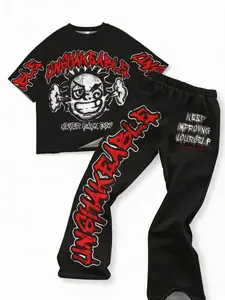 Youth Y2K Streetwear Set, Loose Fit Game Boy Letter Print T-Shirt, Flare Pants, Vintage Style, Suitable for Teens, Two-Piece Set